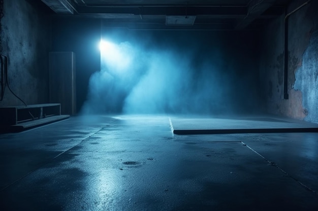 El escenario oscuro muestra un fondo azul oscuro, una escena oscura vacía, luz de neón y focos El hormigón