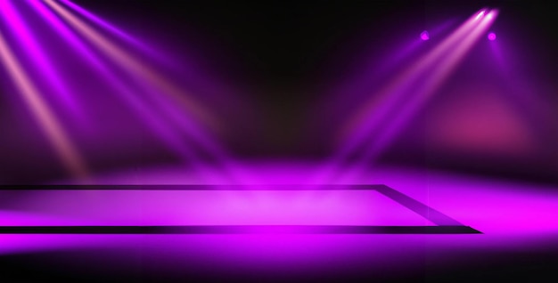 El escenario oscuro muestra, fondo morado, una escena oscura vacía, luz de neón, focos. Sala de estudio.