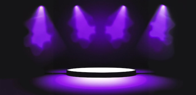 El escenario oscuro muestra, fondo morado, una escena oscura vacía, luz de neón, focos. Sala de estudio.