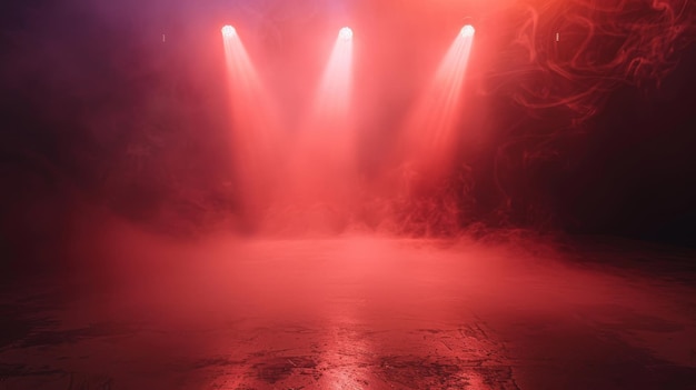 El escenario oscuro muestra el fondo rojo una escena oscura luces de neón y focos El humo flota desde el piso de hormigón y la sala de estudio de la exhibición