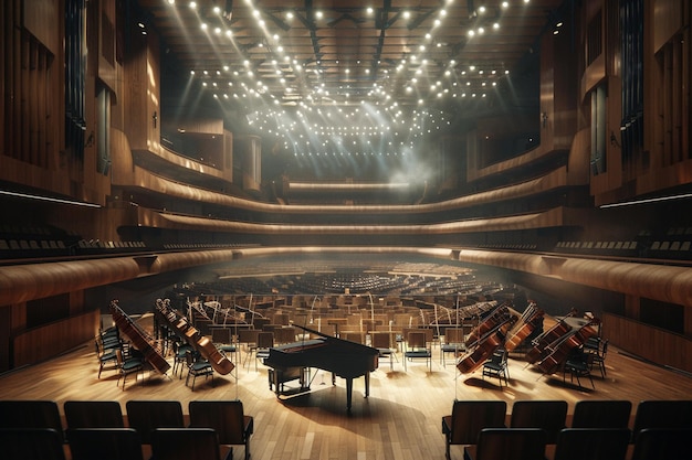 un escenario con un piano y un piano en el medio