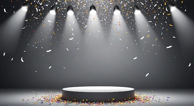 un escenario con una plataforma blanca con confeti en él