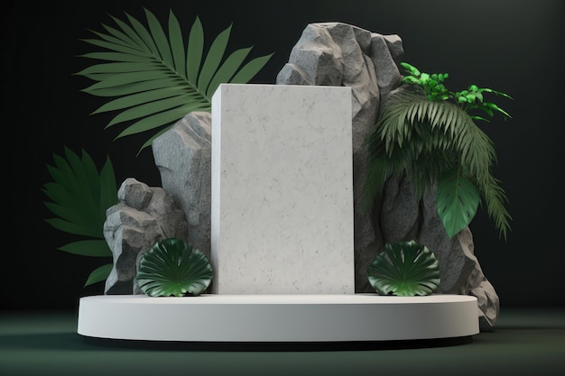Escenario de podio blanco contemporáneo con hojas tropicales sobre fondo verde Generación AI