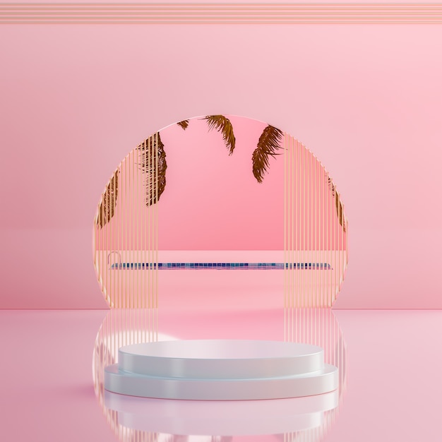 Escenario de podio blanco sobre fondo rosa tropical render 3d