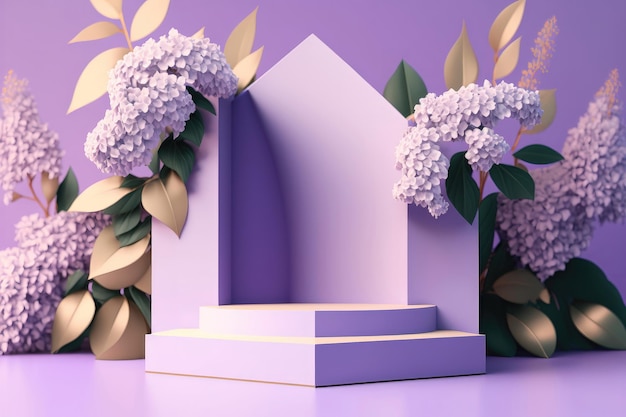 Escenario de podio contemporáneo con grandes flores lilas AI Generation