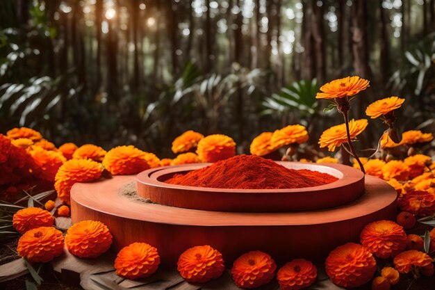 Escenario de podio cosmético redondo de madera roja con flor de caléndula seca en el bosque tropical