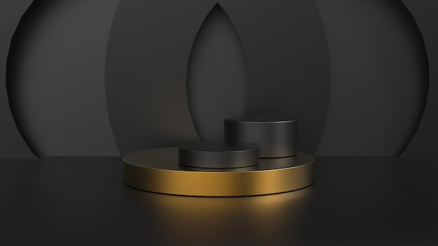 Escenario de podio dorado negro para exhibición de productos Fondo negro de renderizado 3d de lujo