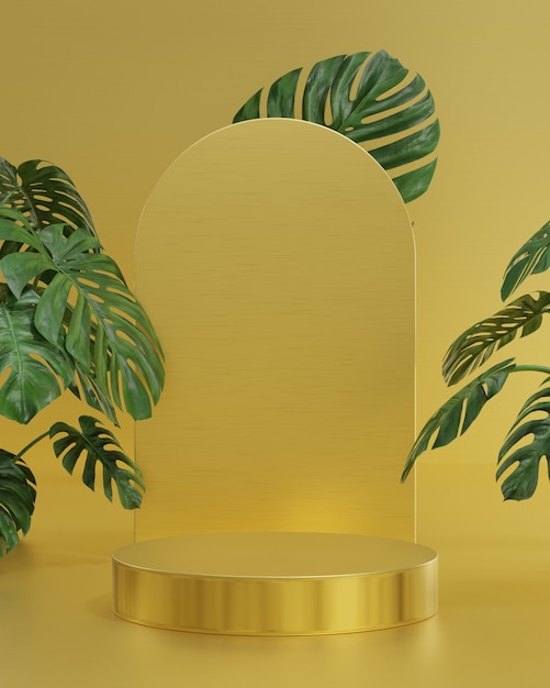 Escenario de podio dorado con palmeras tropicales para la colocación de productos render 3d