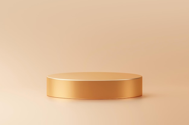 Escenario de podio dorado que anuncia fondo 3d con escena de exhibición de presentación de producto de plataforma de oro o stand de lujo de exhibición de pedestal premium vacío y concepto elegante de exhibición de banner de venta de cilindro en blanco