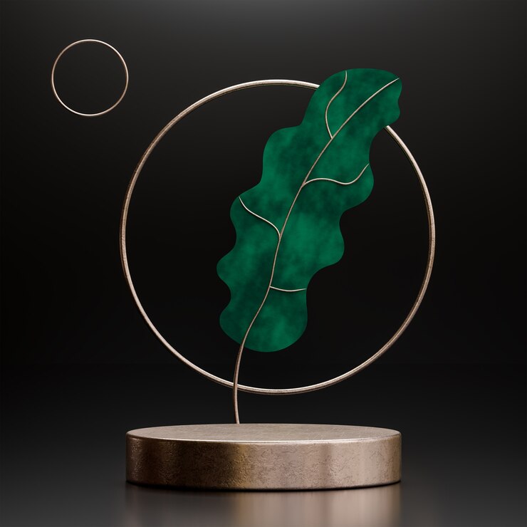 Escenario de podio dorado sobre fondo abstracto de planta monstera 3d render