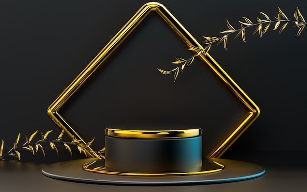 Escenario de podio geométrico abstracto de representación 3D de hojas oscuras y doradas para la presentación del producto