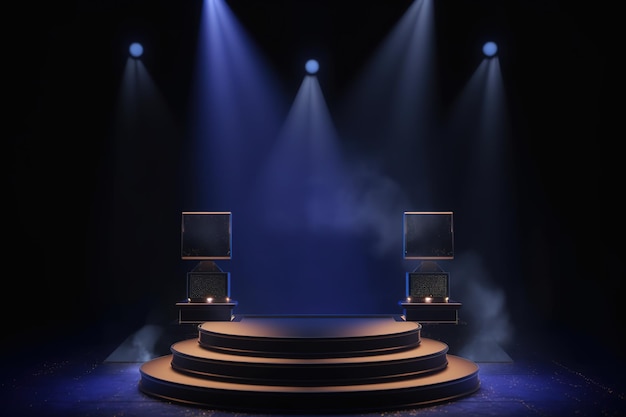 Un escenario con un podio y una luz azul que se ilumina.