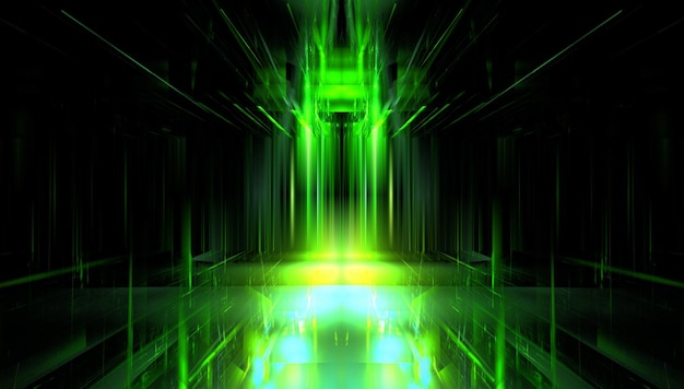 Escenario de podio de luz de color neón de escaparate futurista. Tienda de la escena del escaparate del fondo transparente de cristal borroso abstracto. Corredor verde de escaparate de fantasía moderna futurista