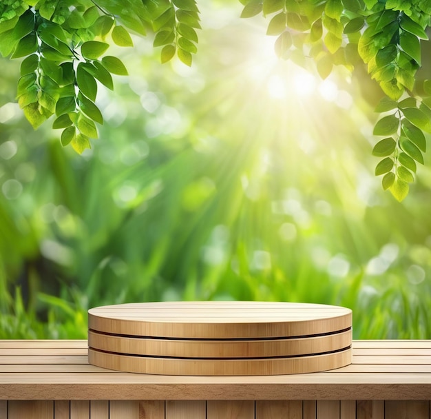 Escenario de podio de madera para productos con naturaleza Bokeh Fondo