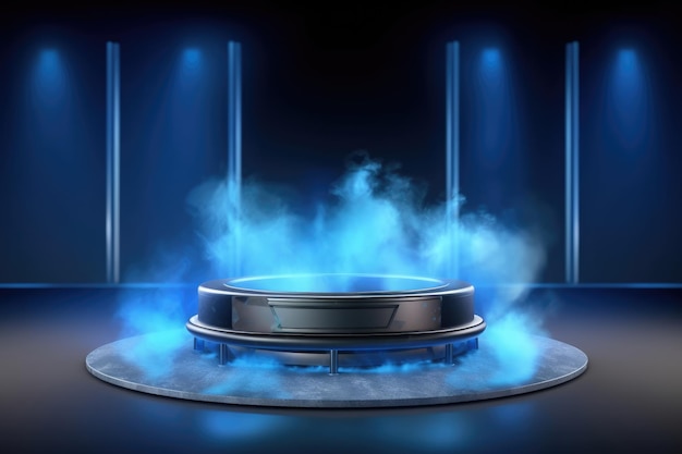 Un escenario con un podio en el medio del que sale humo azul