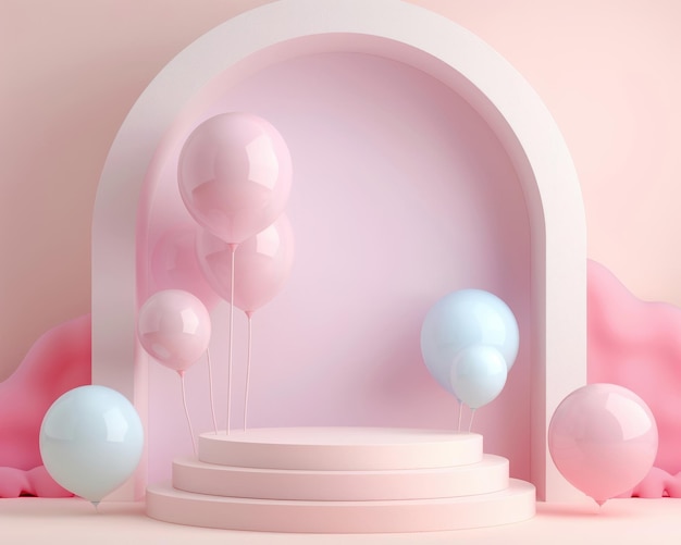 Escenario de podio minimalista con globos de colores pastel suaves en formas geométricas que crean un fondo de presentación sereno y abstracto
