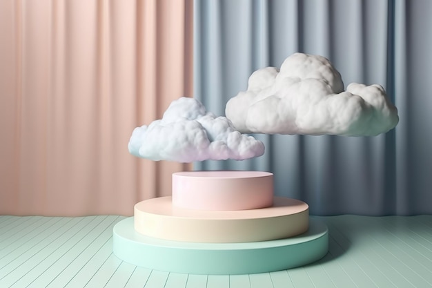 Foto escenario de podio de plataforma de visualización simulada con fondo de nubes mostrar producto cosmético generar ai