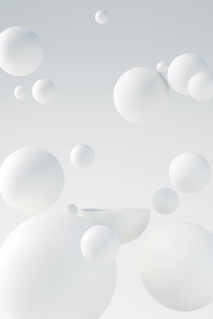 Escenario de podio de producto mínimo con globos blancos renderización de ilustración 3D
