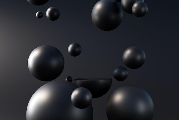 Escenario de podio de producto mínimo con globos negros renderización de ilustración en 3D