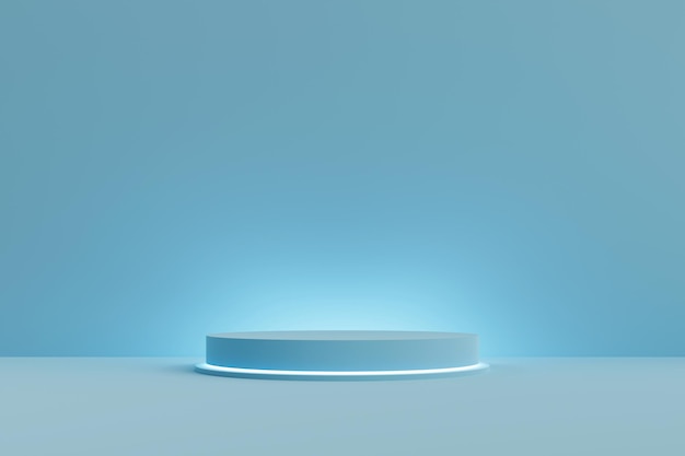 Un escenario de podio simple con un color azul sólido y una representación 3d de luces de neón