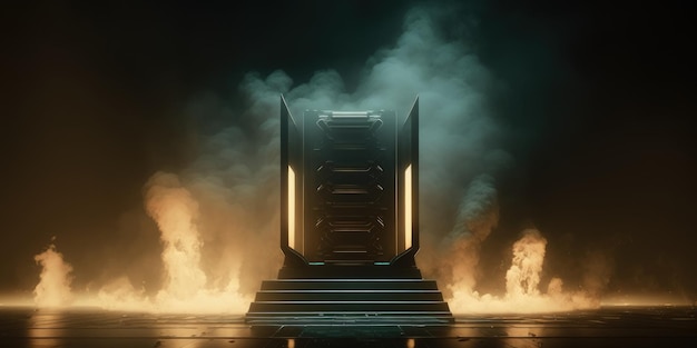 escenario de podio vacío futurista con humo y luz de neón plataforma de soporte alienígena generativa ai scifi