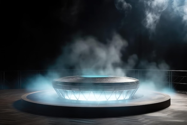 Escenario de podio vacío futurista con humo y luz de neón