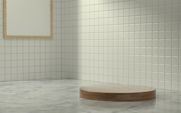 Escenario de producto 3D en escena de baño con luz de sol matutino