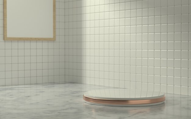 Escenario de producto 3D en escena de baño con luz de sol matutino