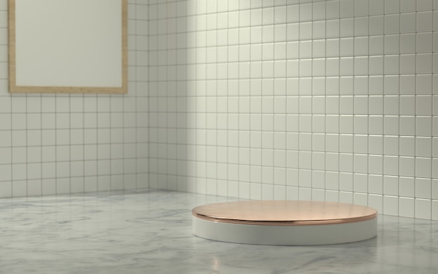 Escenario de producto 3D en escena de baño con luz de sol matutino