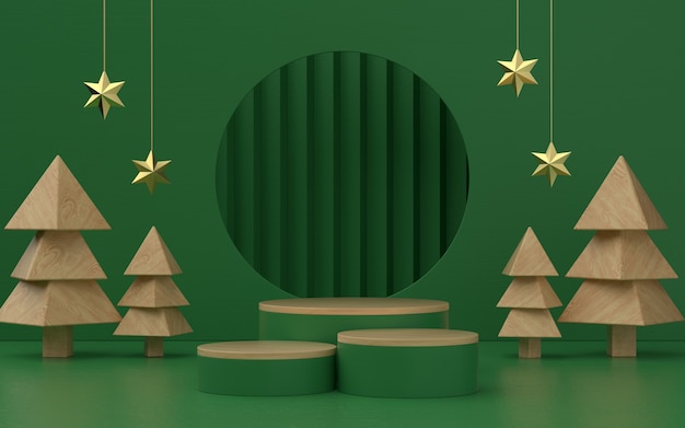 Escenario de producto de tema verde de Navidad con árbol de madera y estrellas para promo o banner. Ilustración 3d