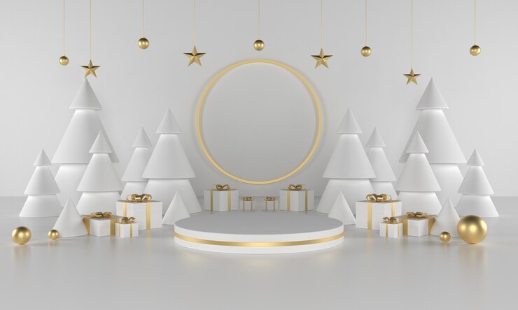 Escenario de producto de tema verde navideño con árbol y estrellas para promoción o banner ilustración 3d Foto Premium
