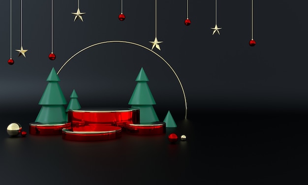 Foto escenario de producto de tema verde navideño con árbol y estrellas para promoción o banner ilustración 3d foto premium