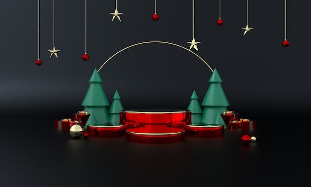 Escenario de producto de tema verde navideño con árbol y estrellas para promoción o banner ilustración 3d Foto Premium