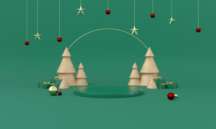Escenario de producto de tema verde navideño con árbol y estrellas para promoción o banner ilustración 3d Foto Premium
