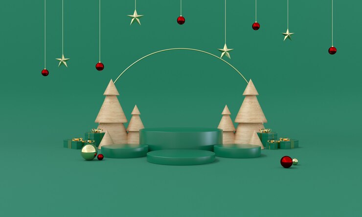 Escenario de producto de tema verde navideño con árbol y estrellas para promoción o banner ilustración 3d Foto Premium