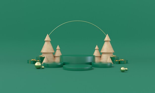 Escenario de producto de tema verde navideño con árbol y estrellas para promoción o banner ilustración 3d Foto Premium