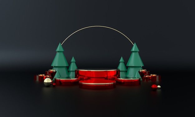 Escenario de producto de tema verde navideño con árbol y estrellas para promoción o banner ilustración 3d Foto Premium