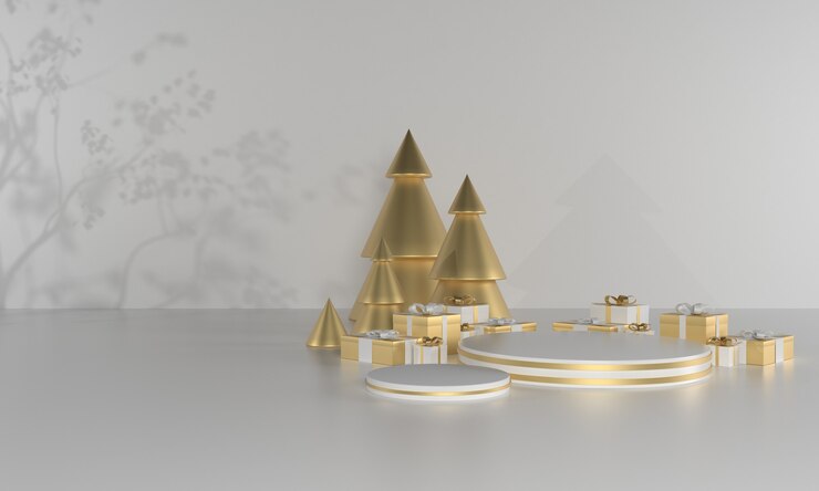 Escenario de producto de tema verde navideño con árbol y estrellas para promoción o banner ilustración 3d Foto Premium