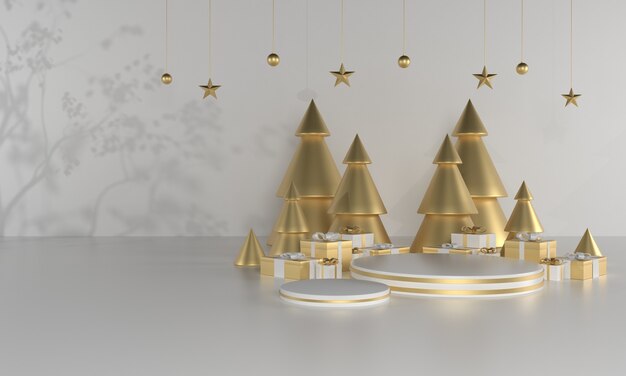 Escenario de producto de tema verde navideño con árbol y estrellas para promoción o banner ilustración 3d Foto Premium