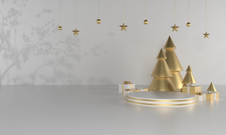 Escenario de producto de tema verde navideño con árbol y estrellas para promoción o banner ilustración 3d Foto Premium