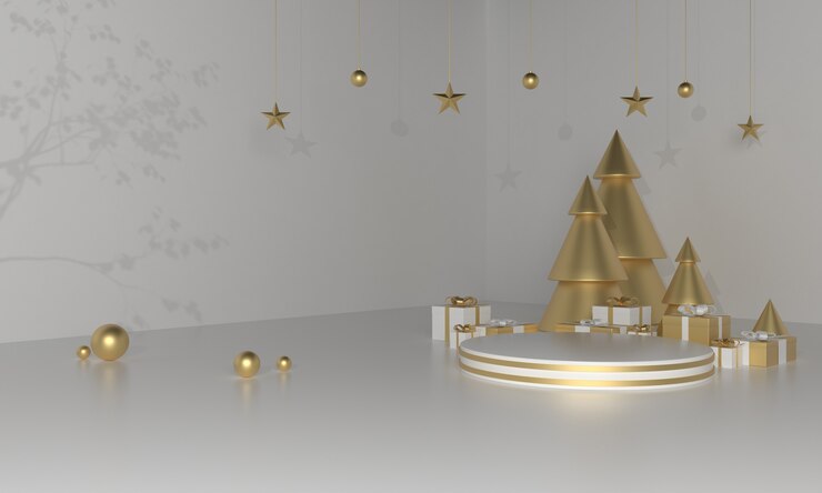 Escenario de producto de tema verde navideño con árbol y estrellas para promoción o banner ilustración 3d Foto Premium