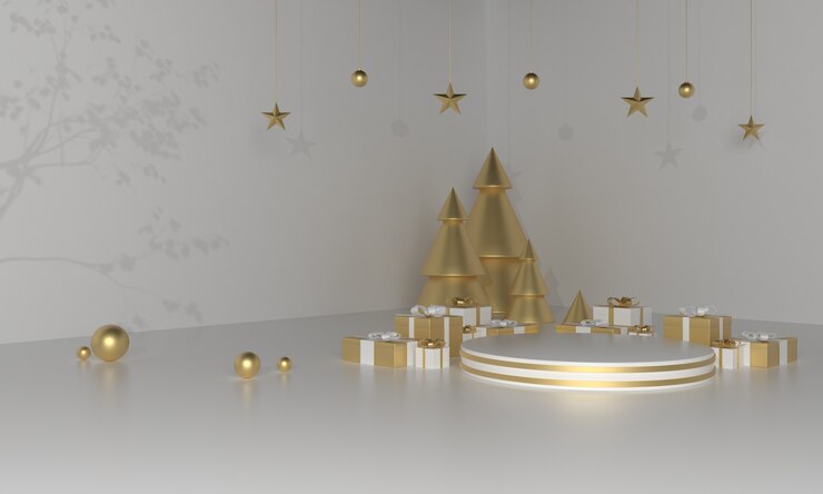Escenario de producto de tema verde navideño con árbol y estrellas para promoción o banner ilustración 3d Foto Premium