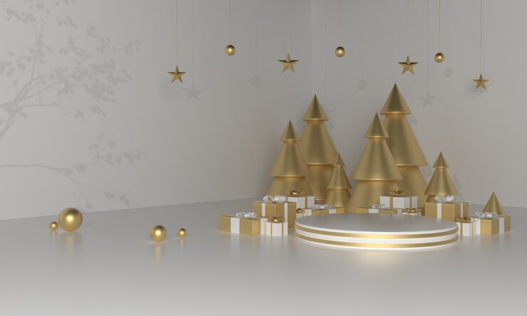 Escenario de producto de tema verde navideño con árbol y estrellas para promoción o banner ilustración 3d Foto Premium