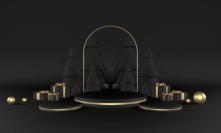 Escenario de producto de tema verde navideño con árbol y estrellas para promoción o banner ilustración 3d Foto Premium