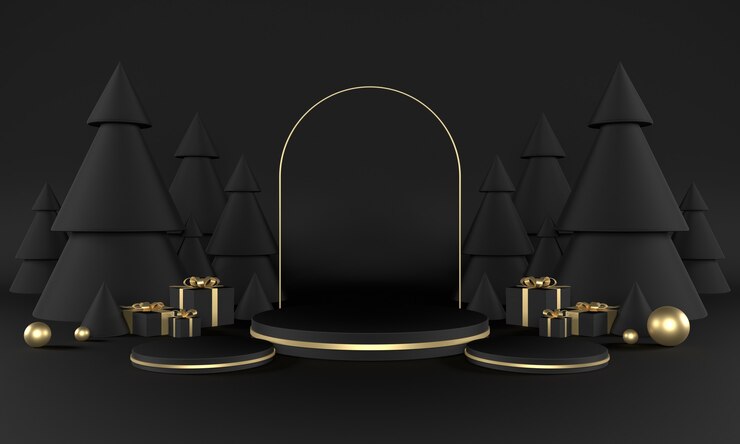 Escenario de producto de tema verde navideño con árbol y estrellas para promoción o banner ilustración 3d Foto Premium