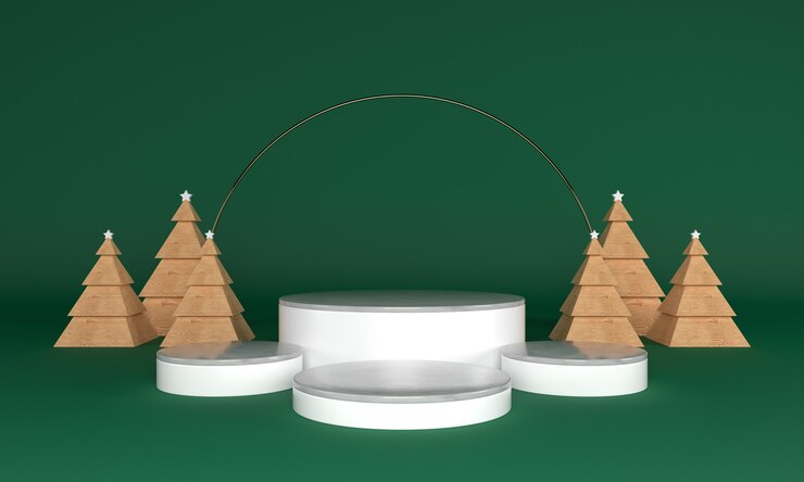 Escenario de producto de tema verde navideño con árbol y estrellas para promoción o banner ilustración 3d