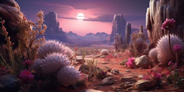 Foto escenario psicodélico y surrealista de ia generativa con cactus en el desierto paisaje del salvaje oeste