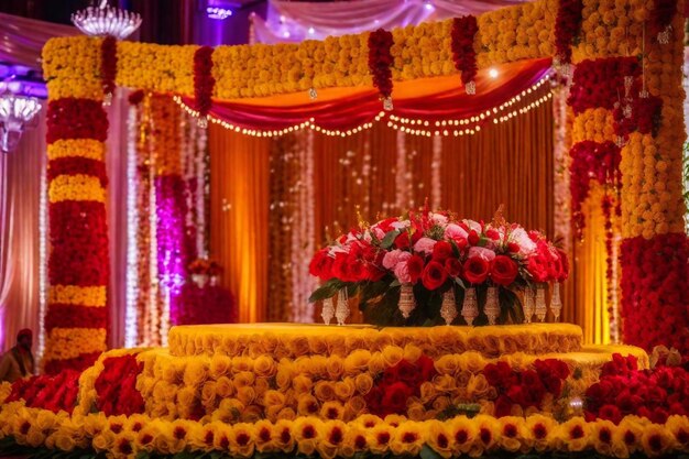 un escenario con un ramo de flores en él