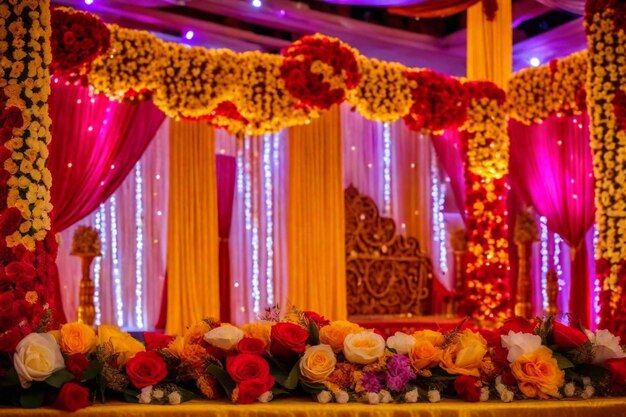 Foto un escenario con un ramo de flores y un piano en él