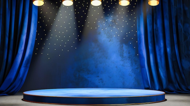 Escenario con reflector azul concepto de concierto o actuación teatral fondo oscuro con cortina e iluminación brillante